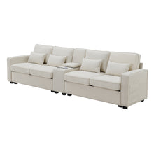 Load image into Gallery viewer, [VIDEO provided] [New] 114.2&quot; Upholstered Sofa with Console, 2 Cupholders and 2 USB Ports Wired or Wirelessly Charged, Modern Linen Fabric Couches with 4 Pillows for Living Room, Apartment (4-Seat)
