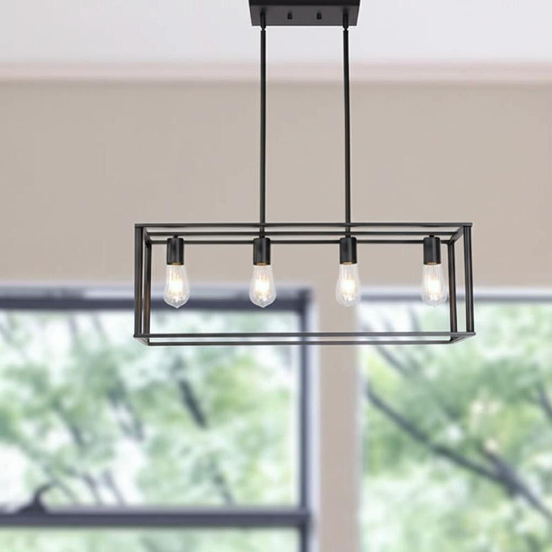 Metal Four Light Caged Rectangular Hanging Pendent Light - Black