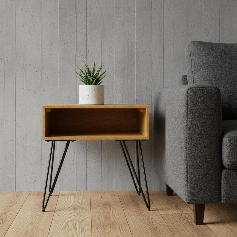 Metal Square End Table - Oak