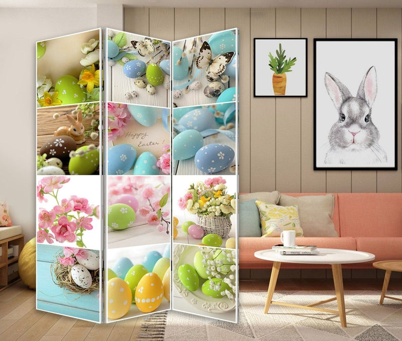 Canvas Folding Three Panel Screen Room Divider - Yellow And White