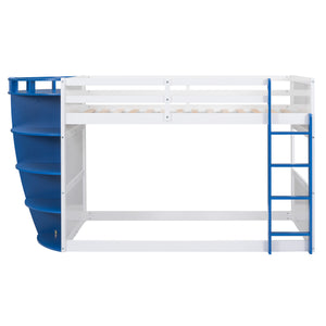 Twin over Twin Boat-Like Shape Bunk Bed with Storage Shelves, White+Blue