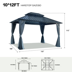 10x12ft Gazebo Double Roof Canopy with Netting and Curtains, Outdoor Gazebo 2-Tier Hardtop Galvanized Iron Aluminum Frame Garden Tent for Patio, Backyard, Deck and Lawns