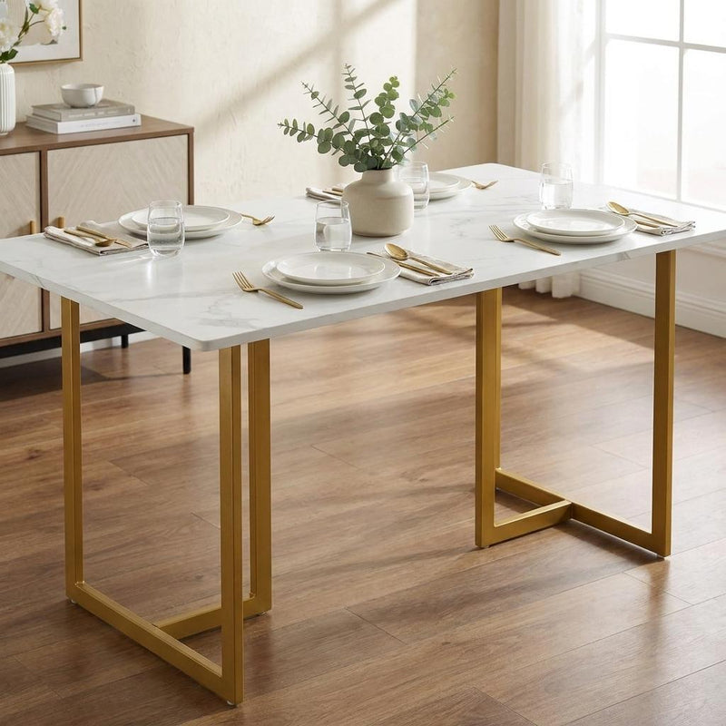White And Faux Marble And Iron Sled Base Dining Table - Gold