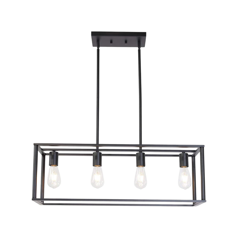 Metal Four Light Caged Rectangular Hanging Pendent Light - Black