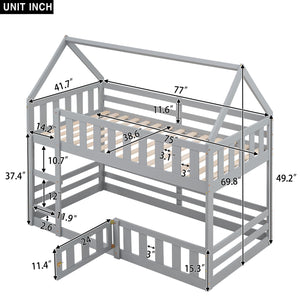 Twin over Twin House Bunk Bed with Fence and Door, Gray