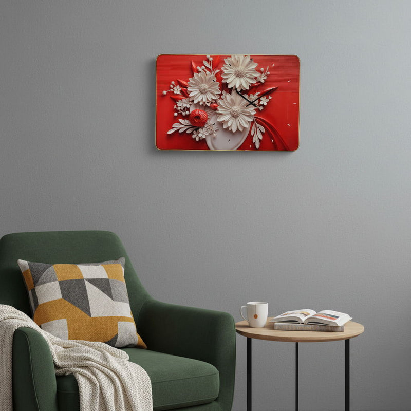 Silent Analog Floral Wall Clock - White / Red / Black
