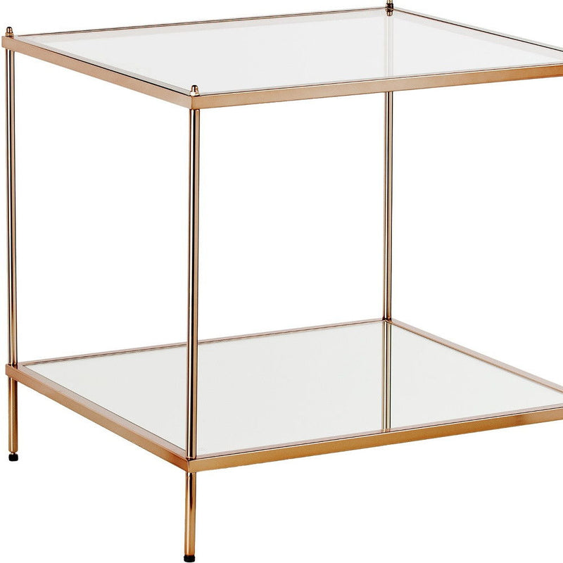 Glass Iron Square End Table With Shelf - Clear / Gold