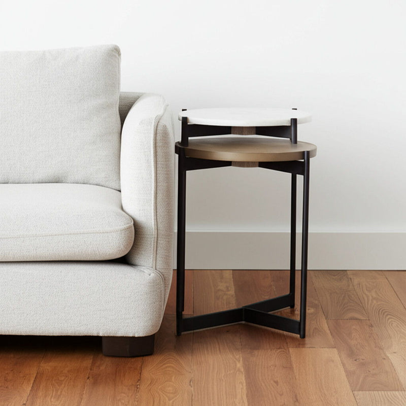 Glass Round End Table - Brown And White