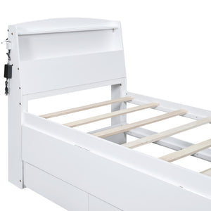 Twin Size Platform Bed with Storage LED Headboard, Twin Size Trundle and 3 Drawers, White