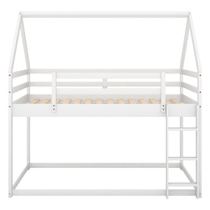 Twin over Twin Low Bunk Bed, House Bed with Ladder , White(OLD SKU:WF197808AAK)