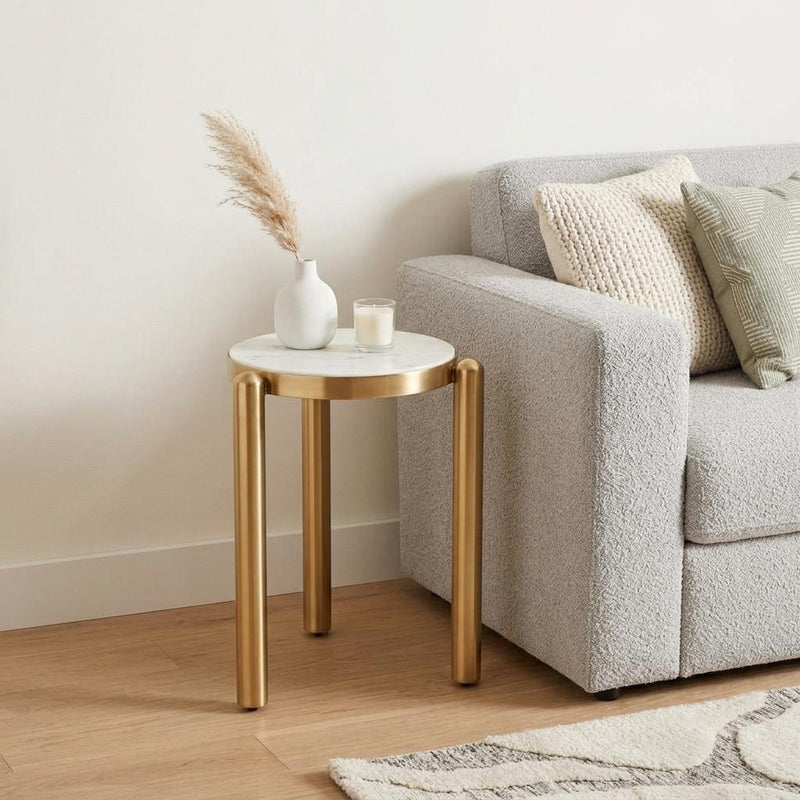 Marble And Iron Round End Table - White And Gold