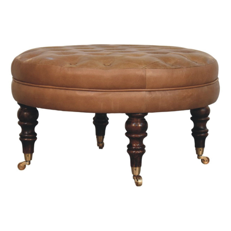 Leather Round Footstool (723465) - Brown