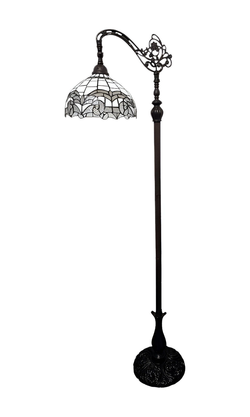 Metal Arched Floor Lamp With White Geometric Stained Glass Shade - Brown