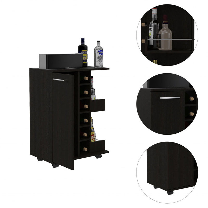 Wood Rolling Bar Cart With Wine Storage - Black