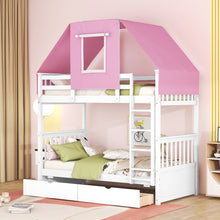 Load image into Gallery viewer, Twin Over Twin Bunk Bed Wood Bed with Tent and Drawers, White+Pink Tent
