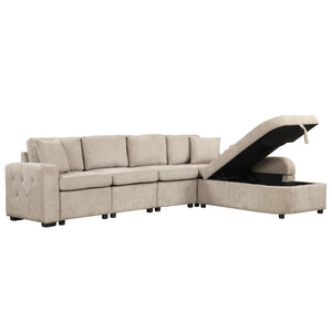 109.8"L-shaped Couch Sectional Sofa with Storage Chaise,Cup Holder and USB Ports for Living Room, Beige