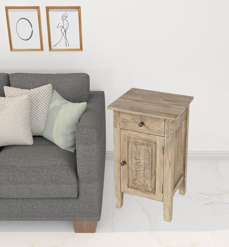 Solid Wood End Table With Cabinet And Drawer - Natural Brown