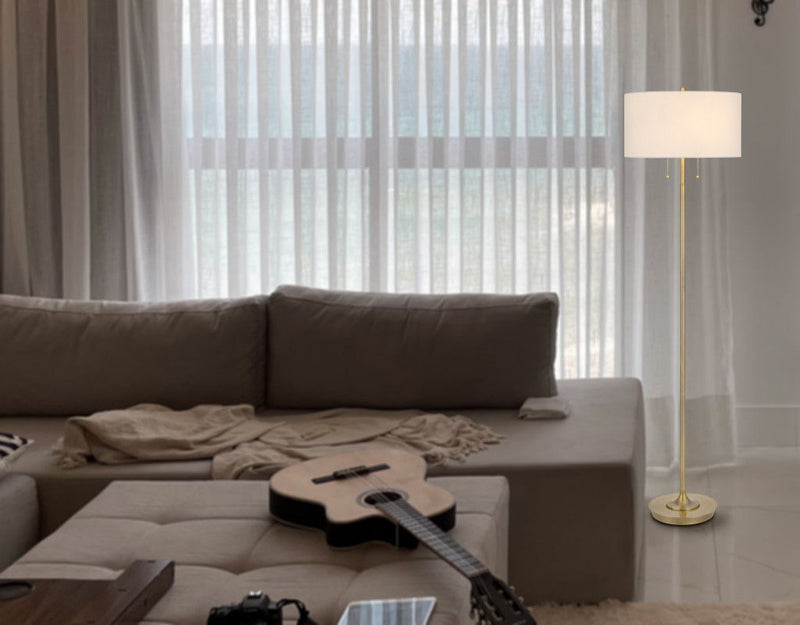 Two Light Traditional Shaped Floor Lamp With White Rectangular Shade - Brass