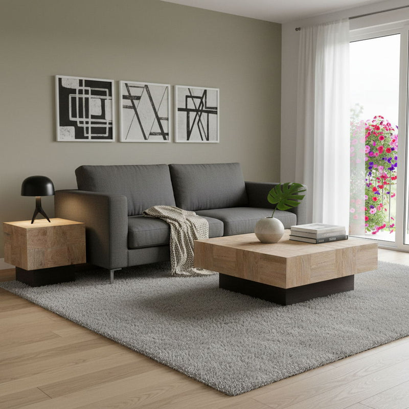 Solid Wood Square Block Coffee Table (Set of 2) - Natural / Dark Brown
