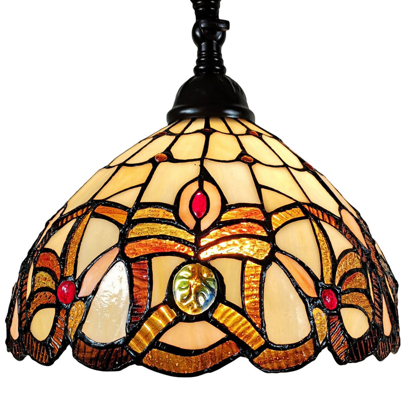 Metal Arched Floor Lamp With Amber And Red Flowers Stained Glass Shade - Brown
