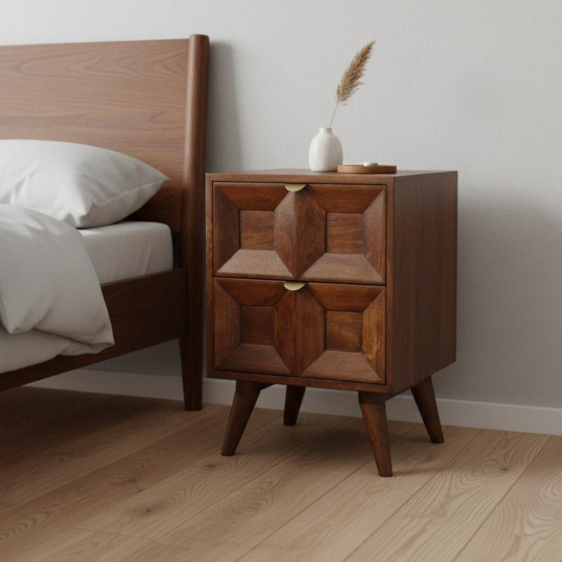 Solid Wood Carved Geometric Two Drawer Nightstand - Chestnut