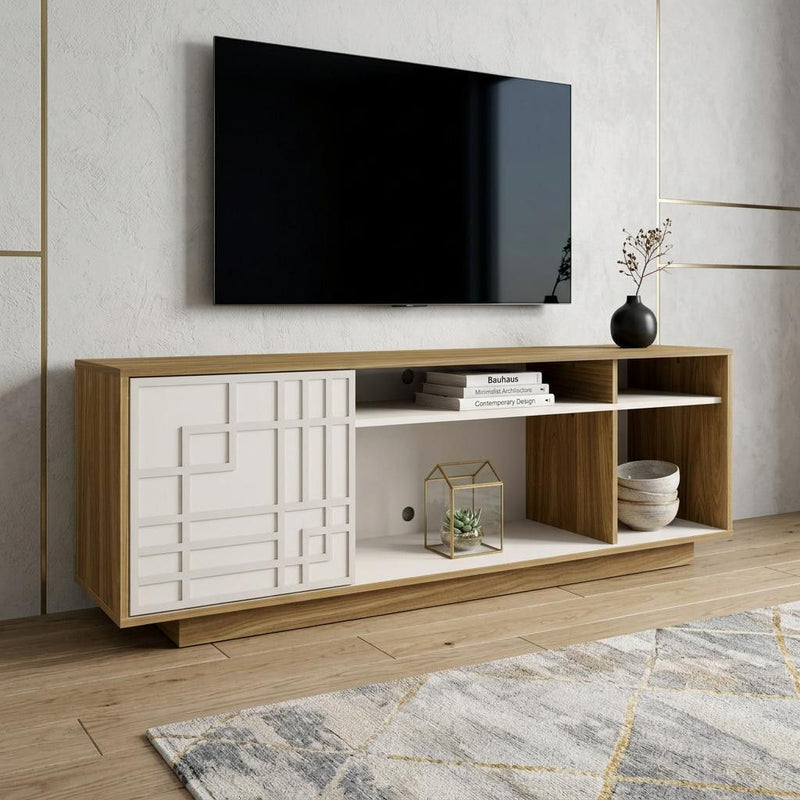 Carved Geometric Wood Enclosed Open Storage TV Stand - Oak / White