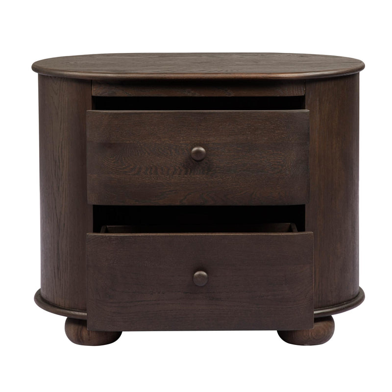Solid Wood Oval Distressed Two Drawer Nightstand - Brown