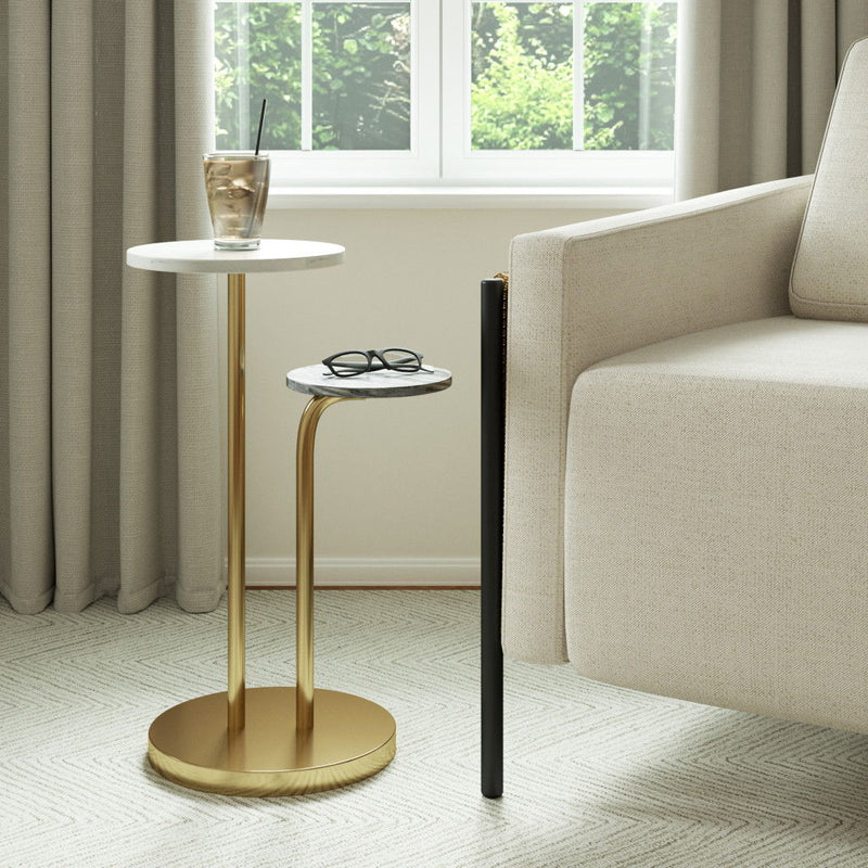 Marble Iron Round Pedestal End Table - Black / White / Gold