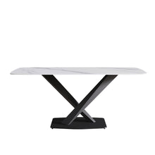 Load image into Gallery viewer, 70.87&quot; Modern Artificial Stone White Curved Black Metal Leg Dining Table, Can Accommodate 6-8 People - White / Black
