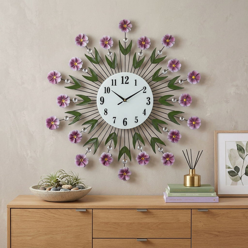 Silent Analog Floral Round Wall Clock - Purple / Green / White