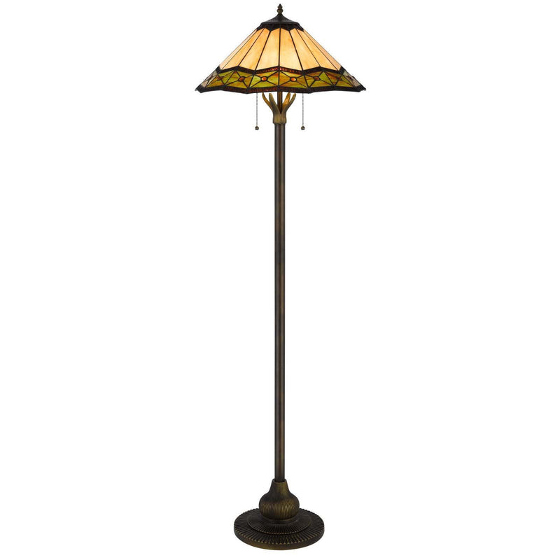 Metal Two Light Floor Lamp With Bone Green And Orange Abstract Tiffany Glass Empire Shade - Bronze