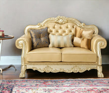 Load image into Gallery viewer, Faux Leather Loveseat And Toss Pillows - Bone / Gold
