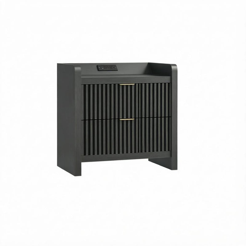 Wood Ribbed Texture Two Drawer Nightstand With USB Port And Integrated Tech - Black