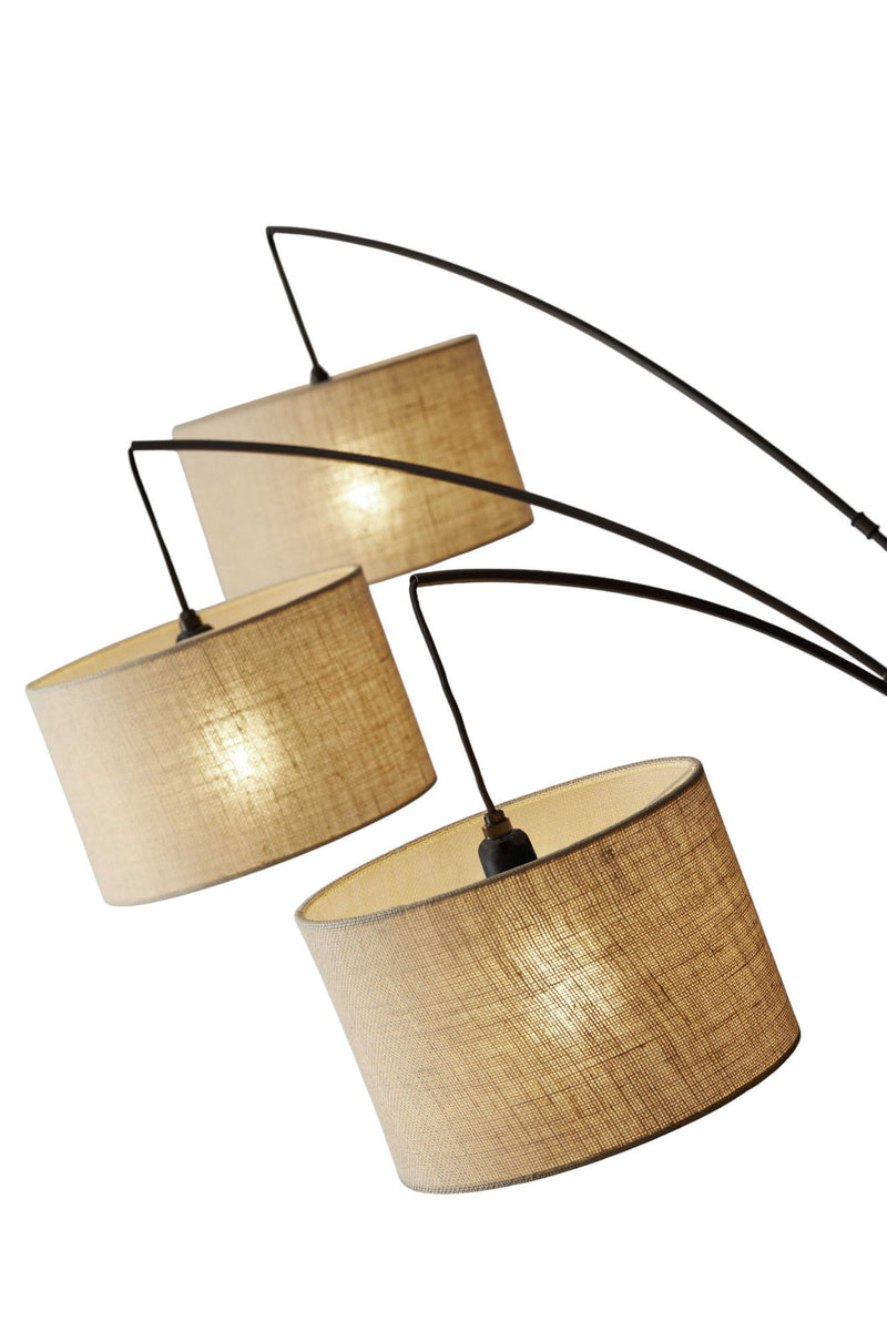 Metal Three Light Tree Floor Lamp With Beige Fabric Drum Shades - Antiqued Black / Bronze