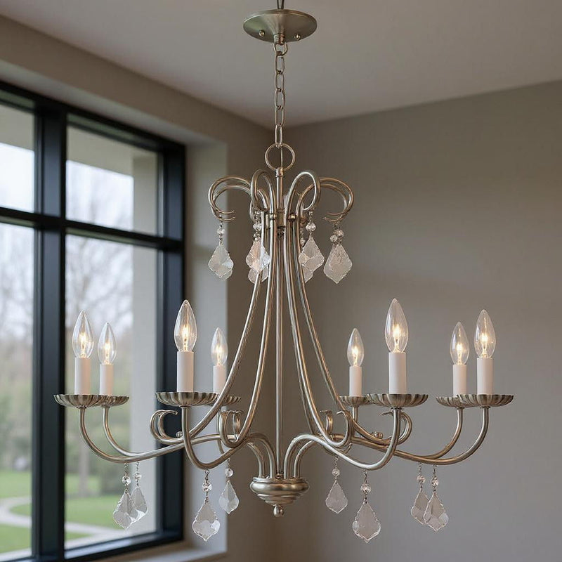 25" Eight Light Dimmable Chandelier With Shades - Nickel