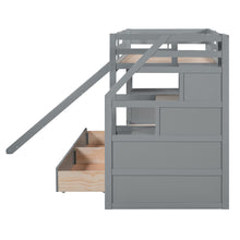 Load image into Gallery viewer, Twin over Twin Bunk Bed with Storage Staircase, Slide and Drawers, Desk with Drawers and Shelves, Gray
