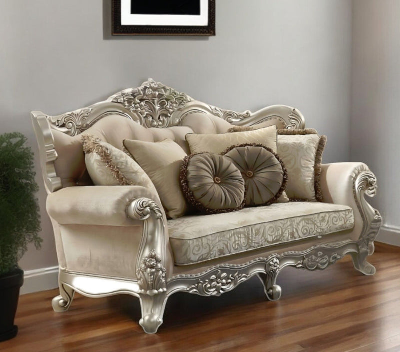 Velvet Curved Floral Sofa And Toss Pillows - Light Green