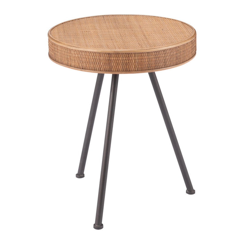 23" Rattan And Steel Round End Table - Brown