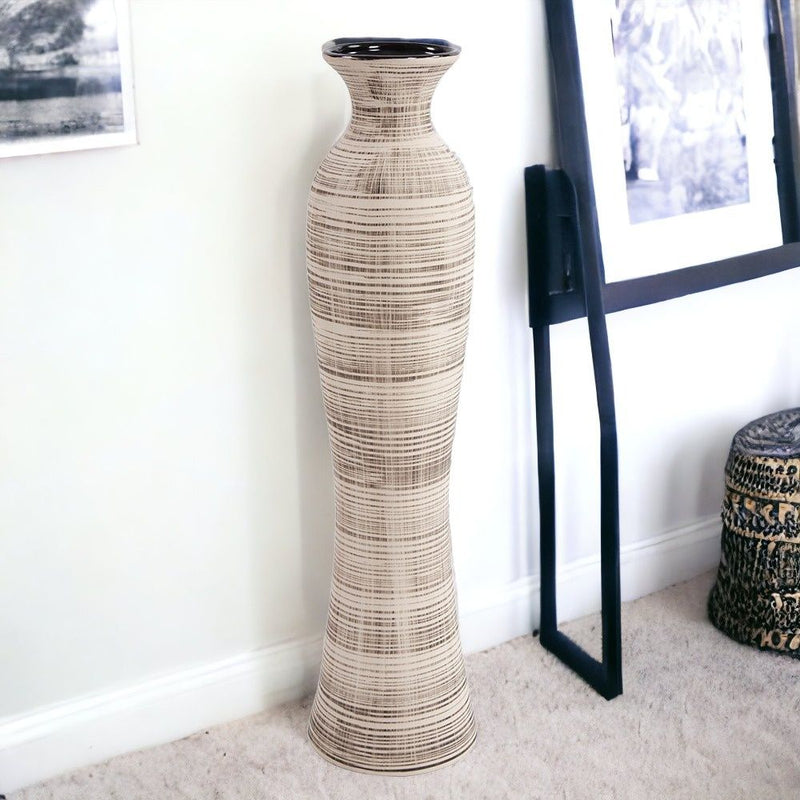 Striped Bud Floor Vase - Beige / Brown