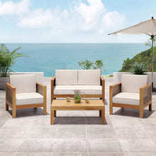 Load image into Gallery viewer, Outdoor 4 Seater Acacia Wood Chat Set With Wicker Accents And Cushions - Teak / Mixed Brown / Beige
