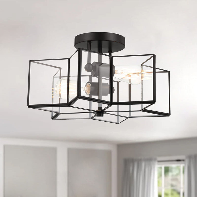 16'' Unique Statement Two Light Metal Dimmable Flush Chandelier With Shades - Black