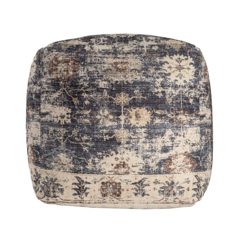 Upholstered Medallion Pouf Ottoman - Navy Blue / Tan