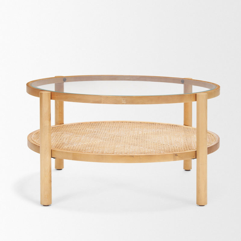 34" Glass And Solid Wood Round Coffee Table With Shelf - Clear And Natural