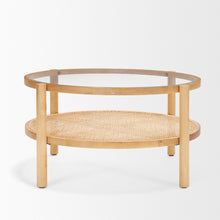 Load image into Gallery viewer, 34" Glass And Solid Wood Round Coffee Table With Shelf - Clear And Natural
