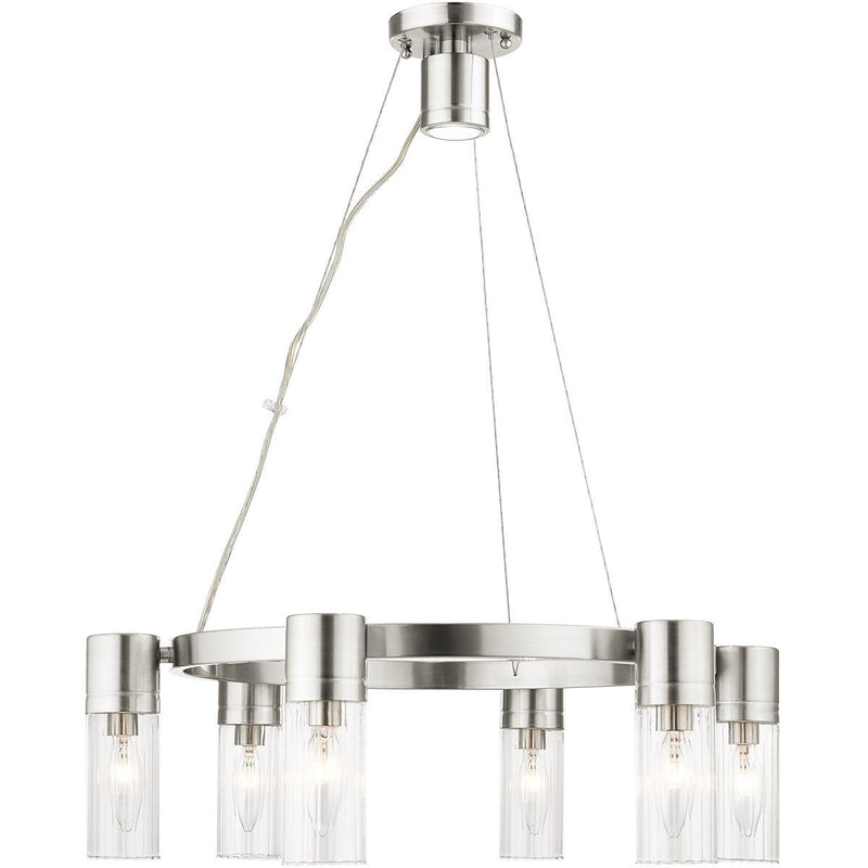 20" Six Light Metal Dimmable Chandelier With Shades - Nickel / Clear