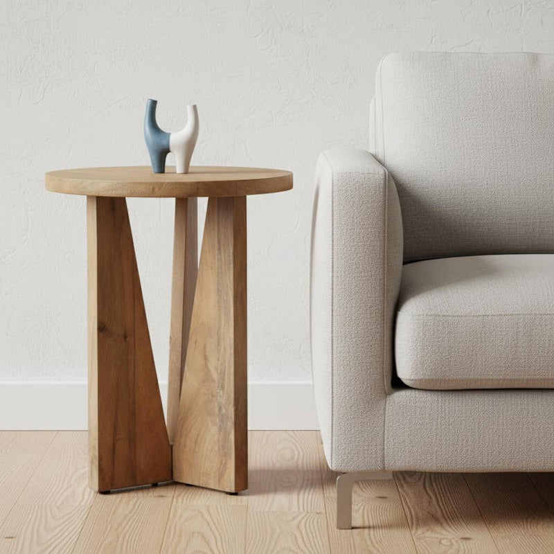 Distressed Solid Wood Round End Table (605393) - Natural