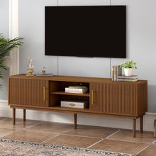 Load image into Gallery viewer, TV Stand With Vertical Slatted Doors And Sliding Panels, Solid Wood Legs - Brown
