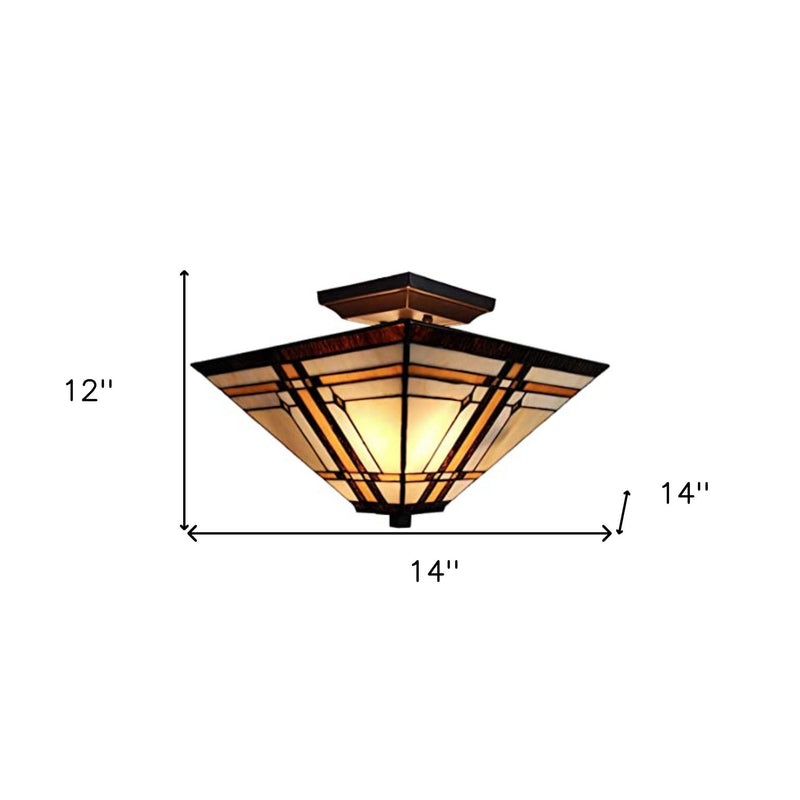 Tiffany Style Mission Semi Flush Dimmable Ceiling Light - Brown / Amber