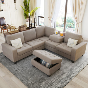 Orisfur. Sectional Corner Sofa L-shape Couch Space Saving with Storage Ottoman & Cup Holders Design for Large Space Dorm Apartment