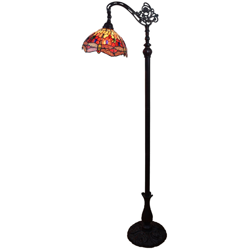 Traditional Shaped Floor Lamp With Red Yellow And Brown Stained Glass Dome Shade - Brown